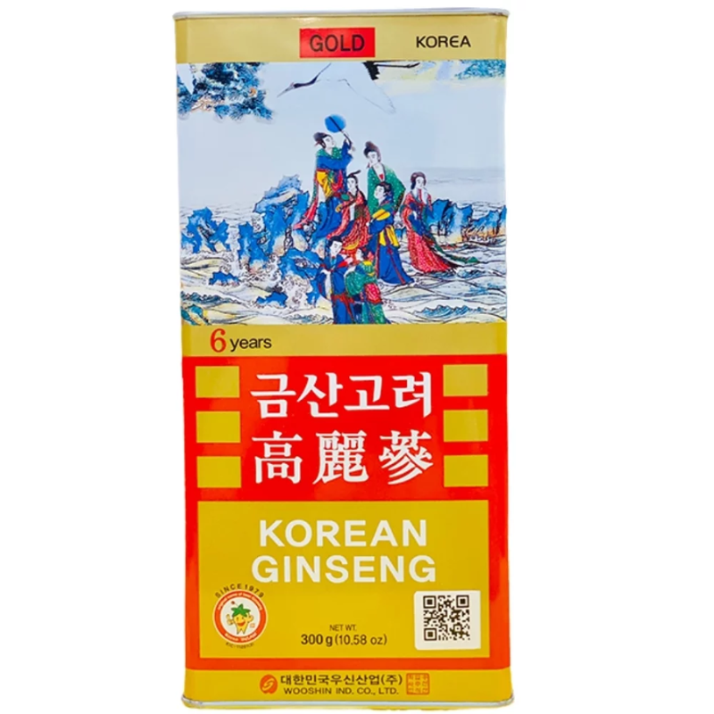 Hồng sâm củ khô hộp thiếc Wooshin 300g thượng hạng – Nhân sâm khô nguyên củ