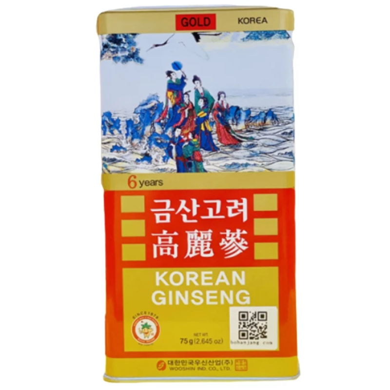Hồng sâm củ khô hộp thiếc Wooshin 75g thượng hạng – Nhân sâm khô nguyên củ