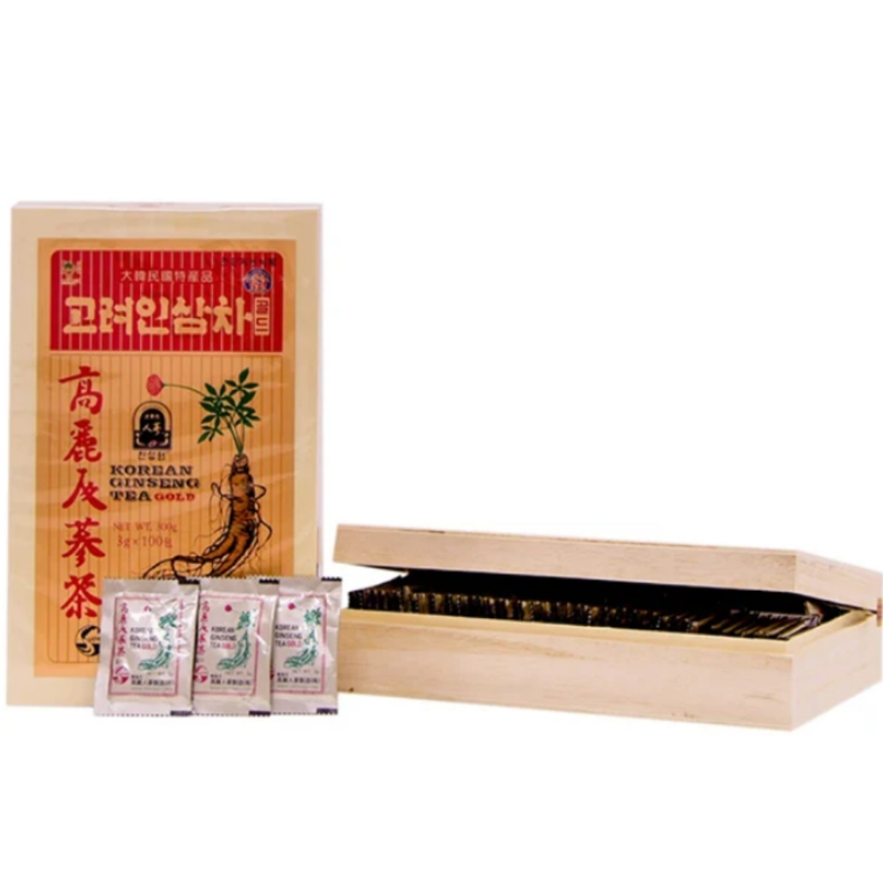 Trà hồng sâm hộp gỗ Okinsam Hàn Quốc chính hãng hộp 100 gói