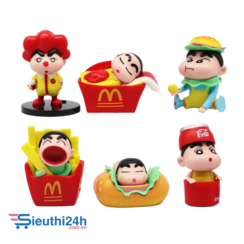 Mô Hình bộ 6 Shin đồ ăn nhanh - Cao 4-7cm - nặng 300gram - Figure Cậu Bé Bút Chì - bọc túi OPP - Hộp Màu