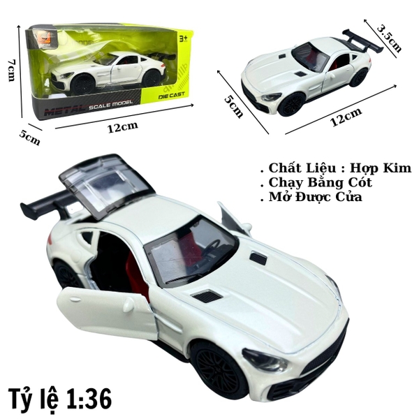 Mô Hình xe Mercedes AMG GTR Màu trắng tỉ lệ 1:36 Hợp kim có thể mở cửa - bánh sau chạy cót - Dài 12cm - rộng 5cm - cao 3.5cm - nặng : 200gram - FULL BOX : box màu n3-k10-t1-s4