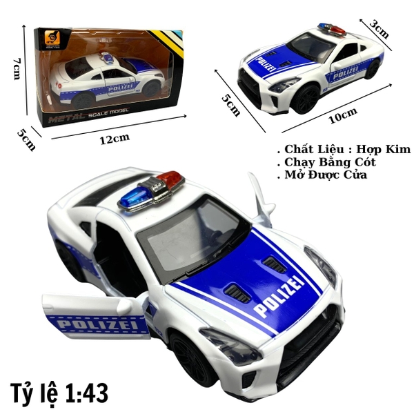 Mô Hình xe NISSAN police GTR tỉ lệ 1:43 Hợp kim có thể mở cửa - bánh sau chạy cót - Dài 10cm - cao 3cm - nặng 200gram - Figure Oto - FULL BOX : box màu số 22