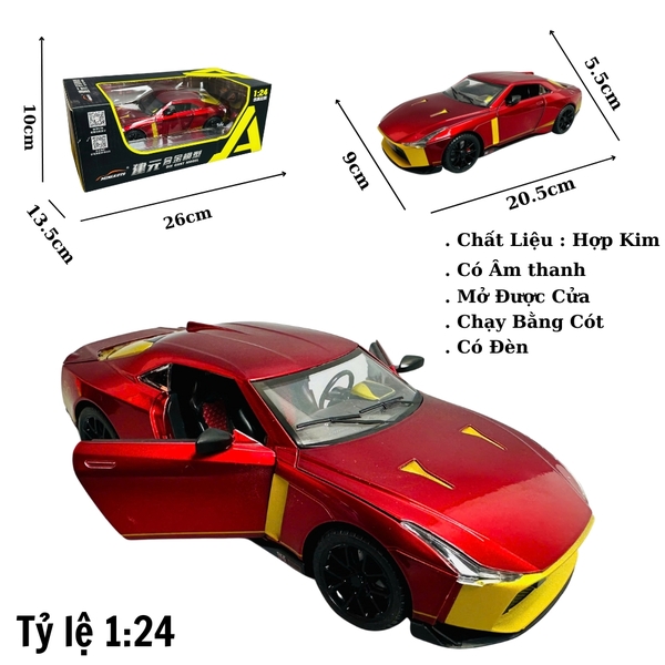 Mô Hình xe nissan đỏ họa tiết vàng tỉ lệ 1:24 Hợp kim có thể mở cửa - bánh sau chạy cót - Dài 20.5cm - rộng 9cm - cao 5.5cm - nặng : 800gram - FULL BOX : box màu SKU : oto314 - N3-K8-T3-S3