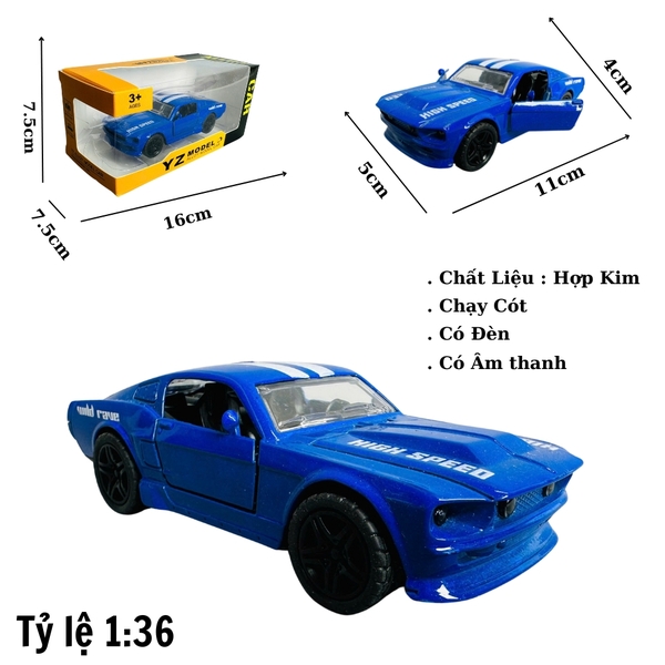 Mô Hình xe Mustang xanh biển sọc trắng tỉ lệ 1:36 Hợp kim có thể mở cửa - bánh sau chạy cót - Dài 11cm - rộng 5cm - cao 4cm - nặng : 500gram - FULL BOX : box màu SKU : oto354 n3-k11-t4-s3