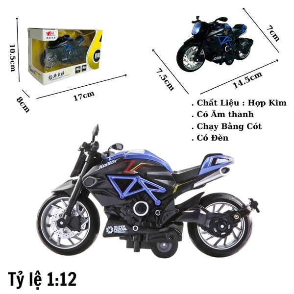 Mô Hình xe Motor Kaiser đen xanh tỉ lệ 1:12 Hợp kim có thể mở cửa - bánh sau chạy cót - Dài 14.5cm - cao 7cm - nặng 500gram - Figure Oto - FULL BOX : box màu - SKU : oto411 - n3-k5-t2-s3