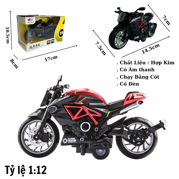 Mô Hình xe Motor Kaiser đen đỏ 1:12 Hợp kim có thể mở cửa - bánh sau chạy cót - Dài 14.5cm - cao 7cm - nặng 500gram - Figure Oto - FULL BOX : box màu - SKU : oto412 - n3-k5-t3-s2