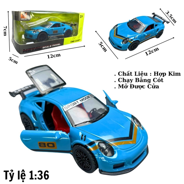Mô Hình xe Porsche 911 màu xanh trời vạch vàng đen - tỉ lệ 1:36 Hợp kim có thể mở cửa - bánh sau chạy cót - nặng : 200gram - FULL BOX : box màu - OTO80 - N3-K3-T4-S1