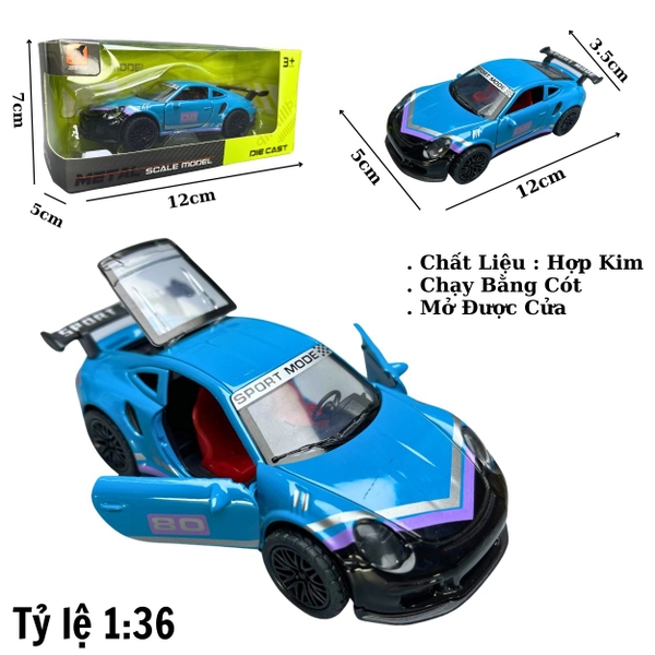 Mô Hình xe Porsche 911 màu xanh trời vạch tím đen - tỉ lệ 1:36 Hợp kim có thể mở cửa - bánh sau chạy cót - nặng : 200gram - FULL BOX : box màu - OTO81 - N3-K3-T4-S2