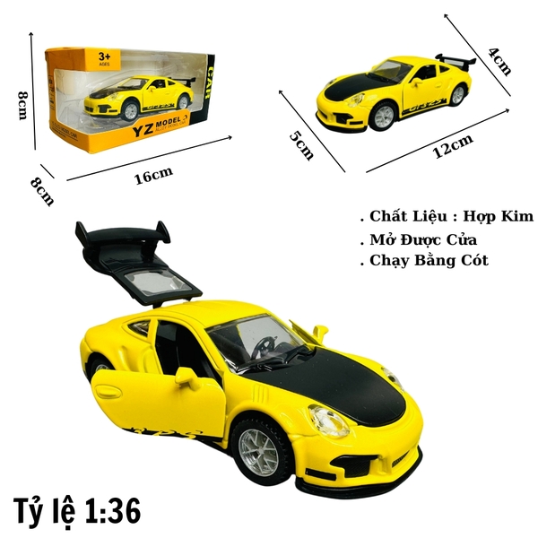 Mô Hình xe poscher vàng lé đen - tỉ lệ 1:36 Hợp kim có thể mở cửa - bánh sau chạy cót - Dài 12cm - rộng 5cm - cao 4cm - nặng : 200gram - FULL BOX : box màu - SKU : oto267 n3-k11-t4-s1