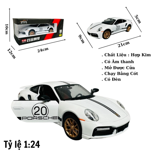 Mô Hình xe poscher trắng tỉ lệ 1:24 Hợp kim có thể mở cửa - bánh sau chạy cót - Dài 21cm - rộng 9cm - cao 5cm - nặng : 1000gram - FULL BOX : box màu SKU : oto294 - N3-K8-T5-S1