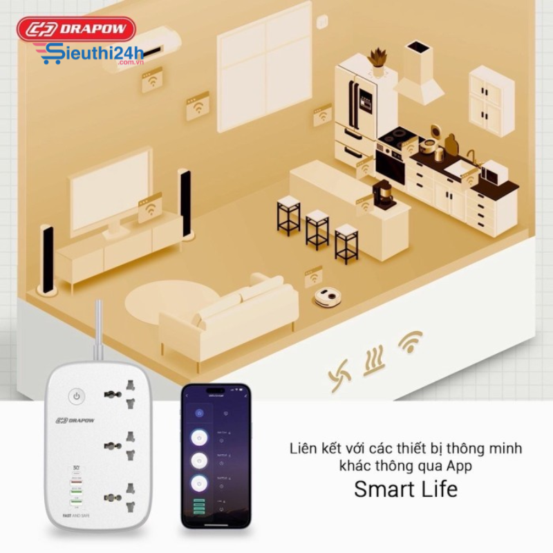 Ổ cắm điện Wifi thông minh kết nối App Drapow SK25 3 ổ cắm điện 2500W+1 cổng sạc 30W